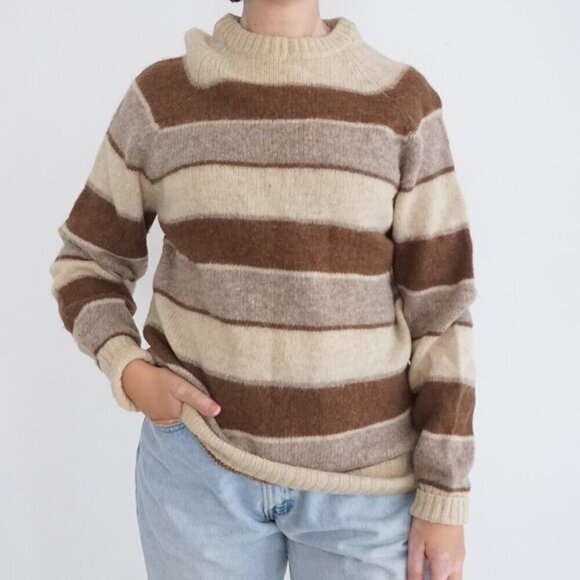 Vintage Impulse Cream Brown Stripe 100% Wool Grandpa Crewneck Sweater M - Picture 1 of 10